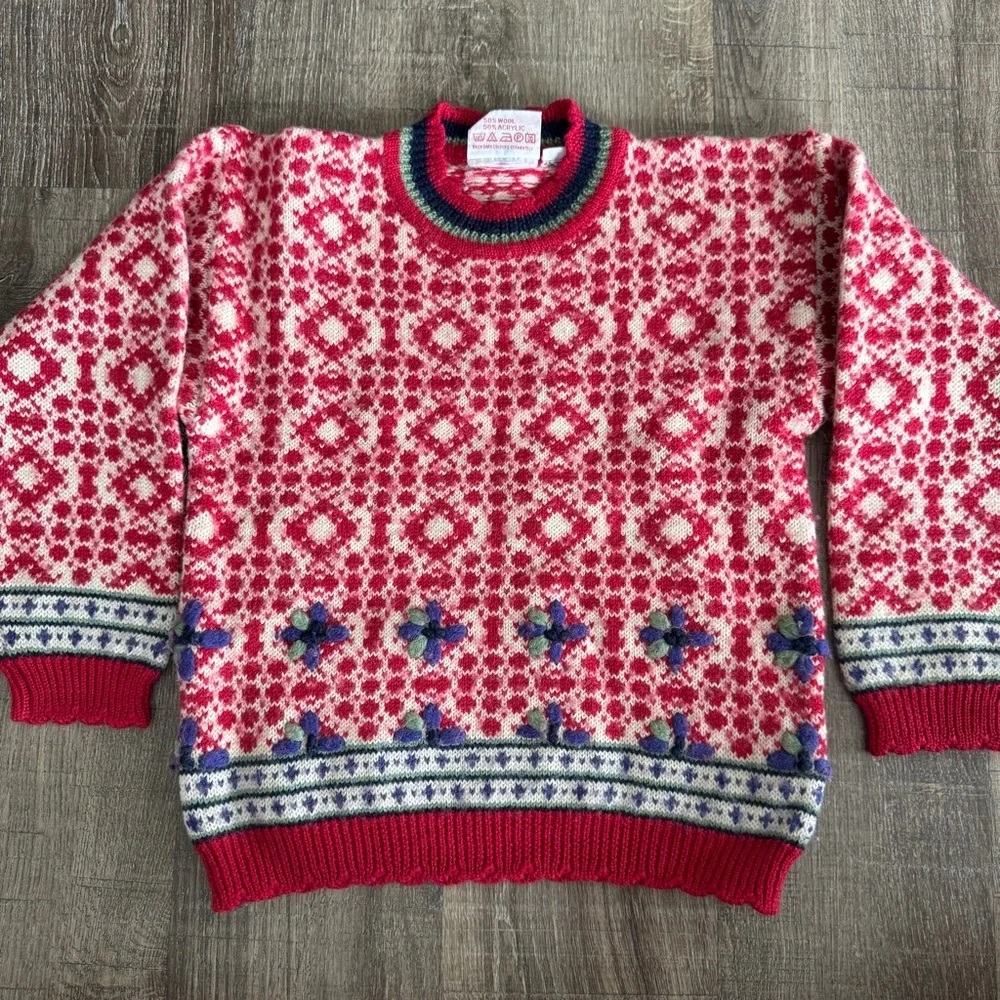Kids Vintage Red Fair Isle Sweater with Floral Border